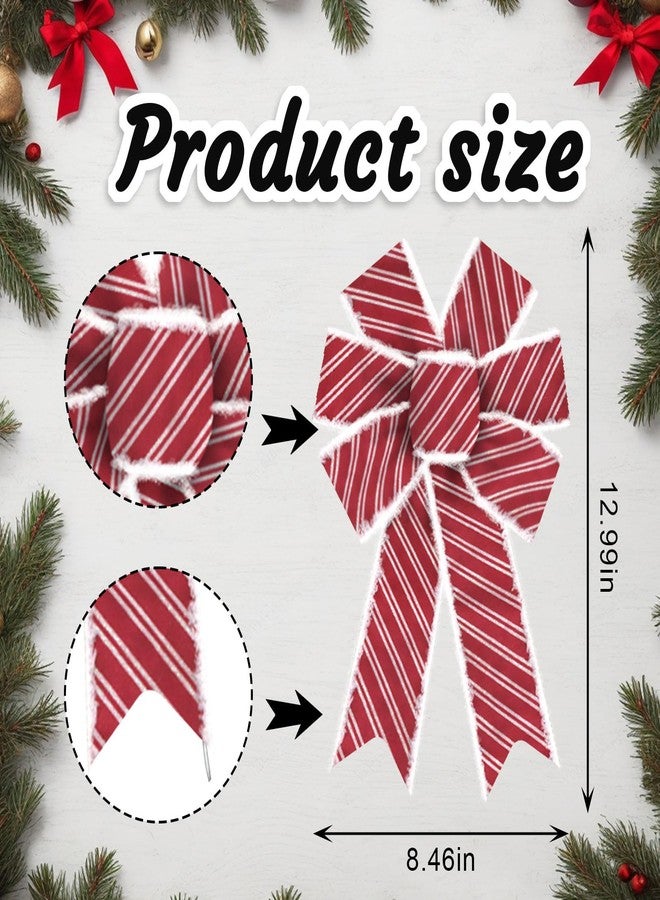 Blinket 2PCS Christmas Bows Red Striped Ribbon with Fluffy Edges, Wired Red and White Bows for Christmas Wreaths, Gift Wrapping, Indoor Outdoor Home Décor 8.46 inch × 12.99 inch - Image 2